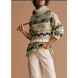 Anthropologie Oversized Green Fair Isle Turtleneck Sweater Small
